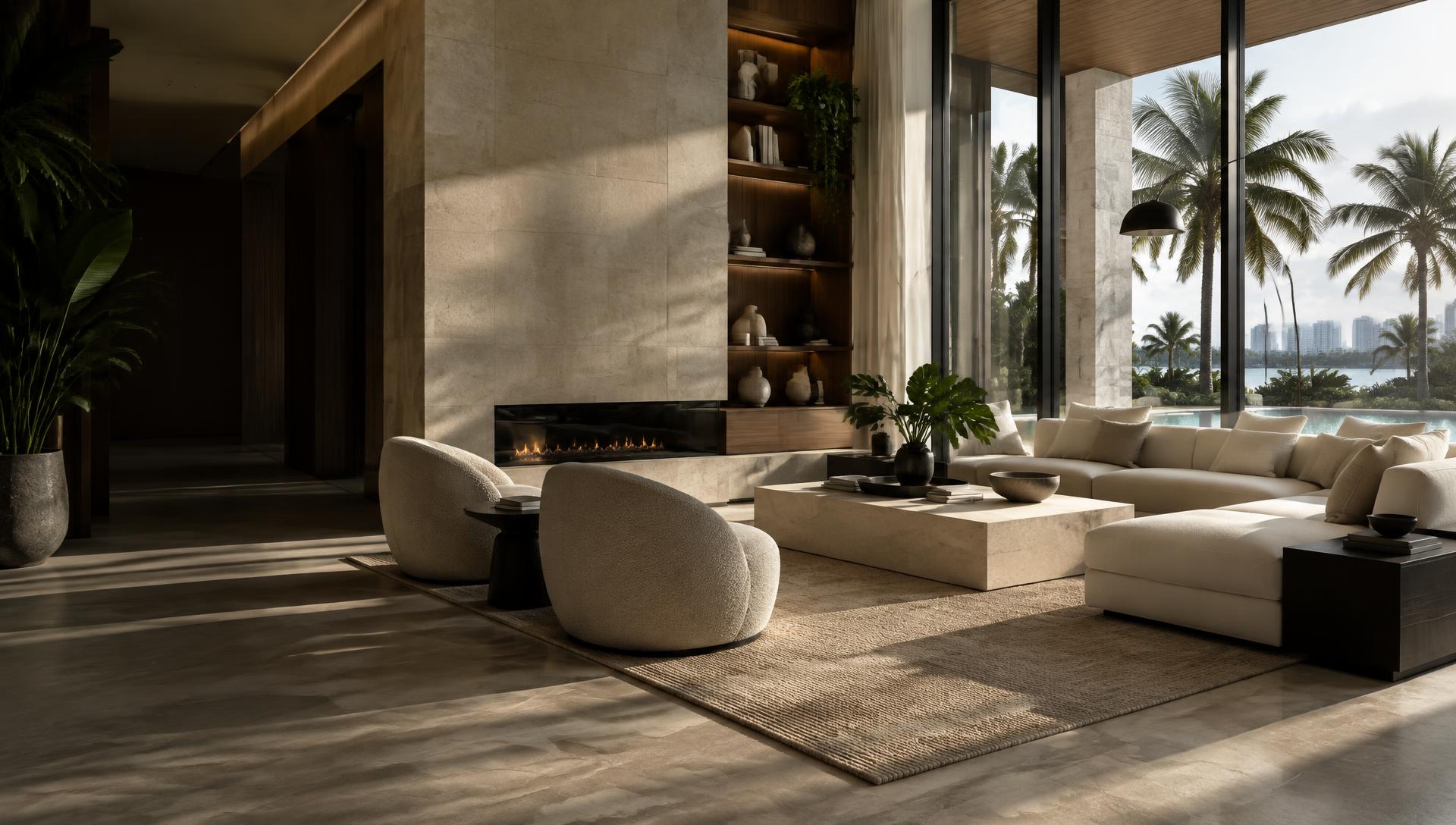 Modern South Florida interior with stone, warm wood, and refined finishes